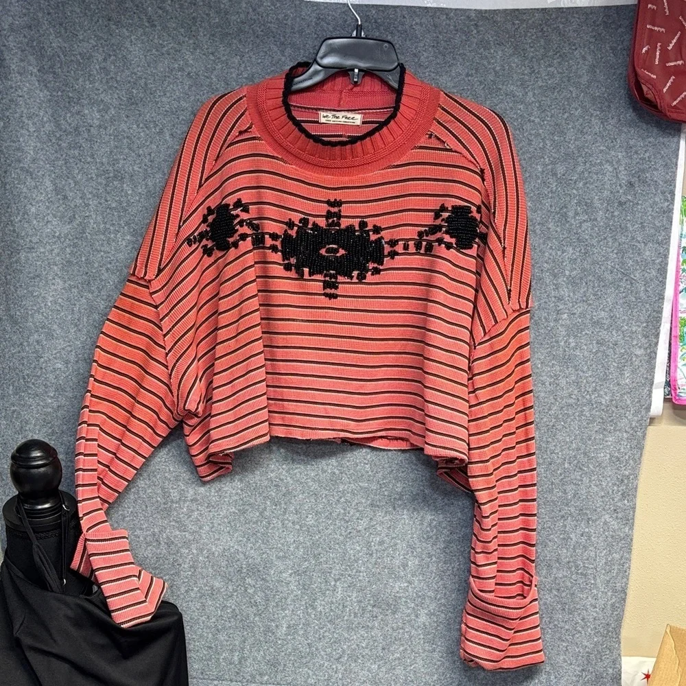 Free People We The Free Avalanche Thermal beaded Crop Top Striped Ribbed shirt